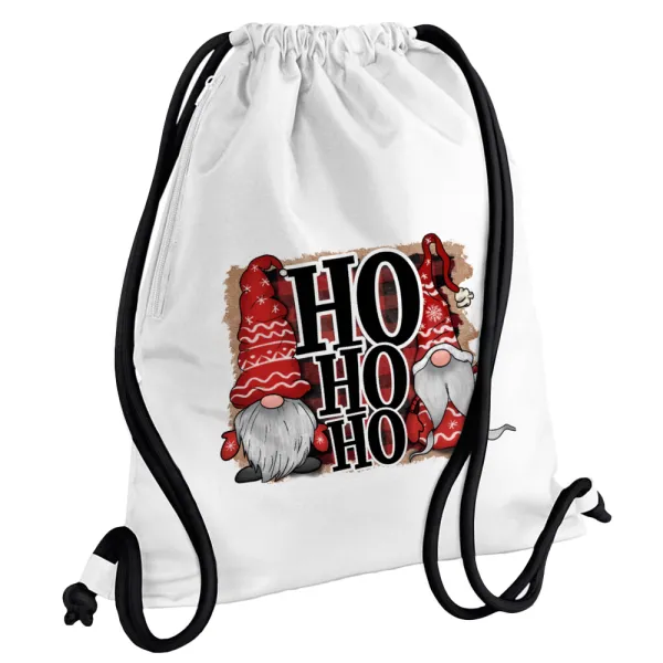 Ho ho ho — Τσάντα πλάτης πουγκί GYMBAG λευκή, με τσέπη (40x48cm) & χονδρά κορδόνια