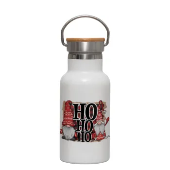 Ho ho ho, Μεταλλικό παγούρι θερμός (Stainless steel) Λευκό με ξύλινο καπακι (bamboo), διπλού τοιχώματος, 350ml