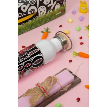 Ho ho ho, Πασχαλινή Λαμπάδα με παγούρι μεταλλικό (620ml, stainless steel) & κερί αρωματικό πλακέ (30cm) (ΡΟΖ)