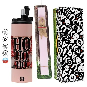 Ho ho ho, Πασχαλινή Λαμπάδα με  ΡΟΖ Travel Tumbler θερμό (600ml, BPA free) & κερί αρωματικό πλακέ (30cm) (ΡΟΖ)