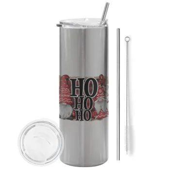 Ho ho ho, Tumbler ποτήρι θερμό Ασημένιο από ανοξείδωτο ατσάλι 600ml, με μεταλλικό καλαμάκι & βούρτσα καθαρισμού