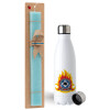 Easter Set, metallic stainless steel water bottle (750ml) & aromatic flat Easter candle (30cm) (TURQUOISE)