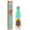 Easter Set, Metallic green/white thermos (Stainless steel), double-walled, 500ml & scented flat Easter candle (30cm) (TURQUOISE)
