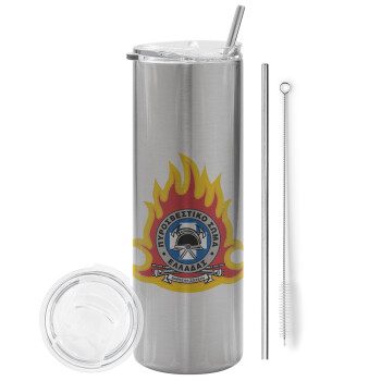 Πυροσβεστικό σώμα Ελλάδος, Tumbler stainless steel Silver 600ml, with metal straw & cleaning brush