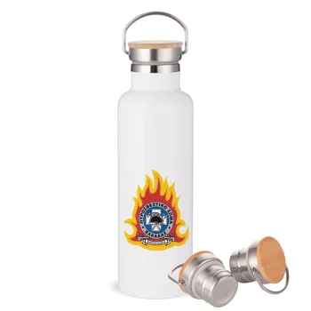 Πυροσβεστικό σώμα Ελλάδος, Μεταλλικό παγούρι θερμός (Stainless steel) Λευκό με ξύλινο καπάκι (bamboo), διπλού τοιχώματος, 750ml