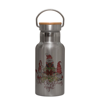 Oh Christmas Night, Stainless steel metallic thermos flask, silver with a bamboo lid, double-walled, 350ml.