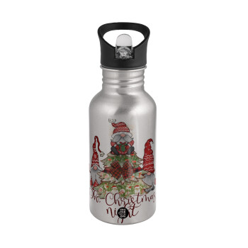 Oh Christmas Night, Water bottle Silver with straw, stainless steel 500ml