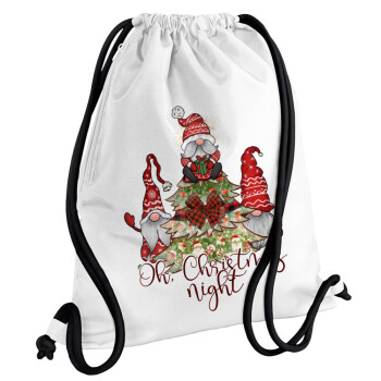 Oh Christmas Night, Τσάντα πλάτης πουγκί GYMBAG λευκή, με τσέπη (40x48cm) & χονδρά κορδόνια