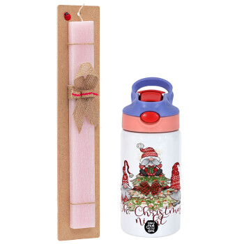 Oh Christmas Night, Πασχαλινό Σετ, Παιδικό παγούρι θερμό, ανοξείδωτο, με καλαμάκι ασφαλείας, ροζ/μωβ (350ml) & πασχαλινή λαμπάδα αρωματική πλακέ (30cm) (ΡΟΖ)
