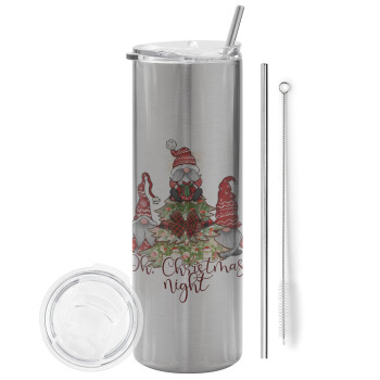 Oh Christmas Night, Tumbler stainless steel Silver 600ml, with metal straw & cleaning brush