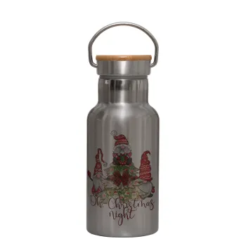 Oh Christmas Night, Stainless steel metallic thermos flask, silver with a bamboo lid, double-walled, 350ml.