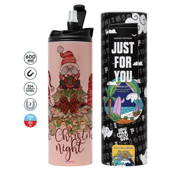 Oh Christmas Night, Tumbler ποτήρι θερμό ΡΟΖ από ανοξείδωτο ατσάλι 600ml