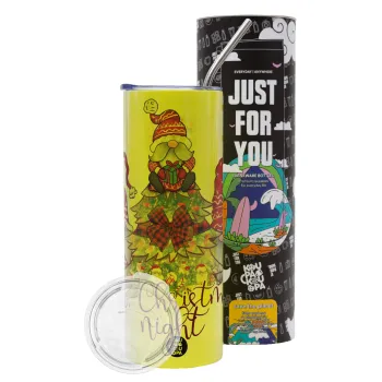 Oh Christmas Night, Neon Yellow Travel Tumbler θερμό, μεταλλικό καλαμάκι(Ανωξείδωτο 304 Food grade, BPA free, 600ml)