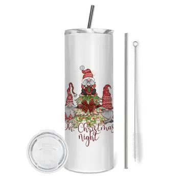 Oh Christmas Night, Tumbler ποτήρι θερμό από ανοξείδωτο ατσάλι 600ml, με μεταλλικό καλαμάκι & βούρτσα καθαρισμού