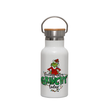 Grinch Feeling Extra Grinchy Today, Metallic thermos (Stainless steel) White with wooden lid (bamboo), double-walled, 350ml