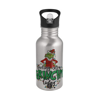 Grinch Feeling Extra Grinchy Today, Water bottle Silver with straw, stainless steel 500ml
