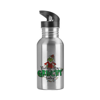 Grinch Feeling Extra Grinchy Today, Water bottle Silver with straw, stainless steel 600ml