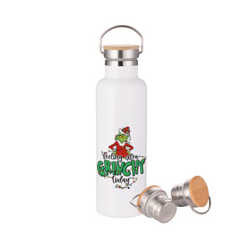 Grinch Feeling Extra Grinchy Today, Stainless steel White with wooden lid (bamboo), double wall, 750ml