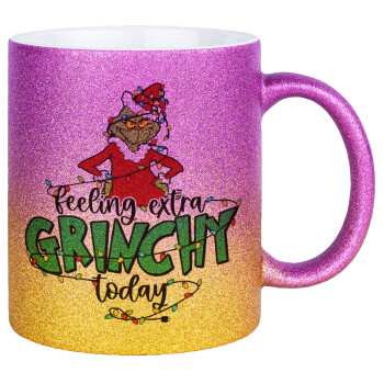Grinch Feeling Extra Grinchy Today, Κούπα Χρυσή/Ροζ Glitter, κεραμική, 330ml