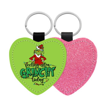 Grinch Feeling Extra Grinchy Today, Μπρελόκ PU δερμάτινο glitter καρδιά ΡΟΖ