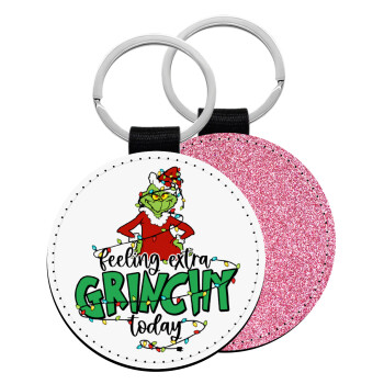 Grinch Feeling Extra Grinchy Today, Μπρελόκ Δερματίνη, στρογγυλό ΡΟΖ (5cm)