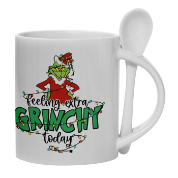 Grinch Feeling Extra Grinchy Today, Ceramic coffee mug with Spoon, 330ml (1pcs)