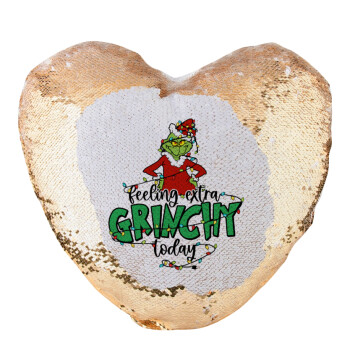 Grinch Feeling Extra Grinchy Today, Μαξιλάρι καναπέ καρδιά Μαγικό Χρυσό με πούλιες 40x40cm περιέχεται το  γέμισμα