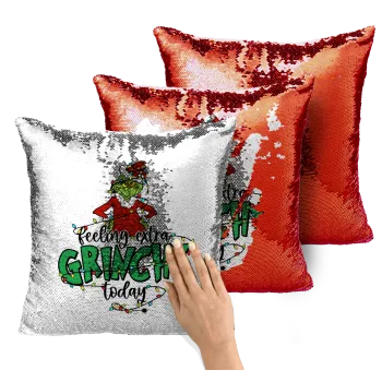 Grinch Feeling Extra Grinchy Today, Μαξιλάρι καναπέ Μαγικό Κόκκινο με πούλιες 40x40cm περιέχεται το γέμισμα