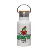 Metallic thermos (Stainless steel) White with wooden lid (bamboo), double-walled, 350ml