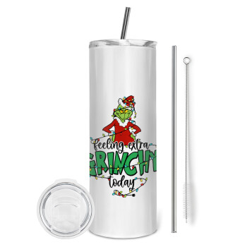 Grinch Feeling Extra Grinchy Today, Tumbler ποτήρι θερμό από ανοξείδωτο ατσάλι 600ml, με μεταλλικό καλαμάκι & βούρτσα καθαρισμού