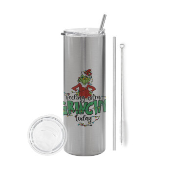 Grinch Feeling Extra Grinchy Today, Eco friendly stainless steel Silver tumbler 600ml, with metal straw & cleaning brush