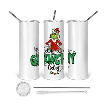 Grinch Feeling Extra Grinchy Today, 360 Eco friendly stainless steel tumbler 600ml, with metal straw & cleaning brush
