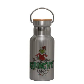 Grinch Feeling Extra Grinchy Today, Μεταλλικό παγούρι θερμός (Stainless steel) Ασημένιο με ξύλινο καπακι (bamboo), διπλού τοιχώματος, 350ml
