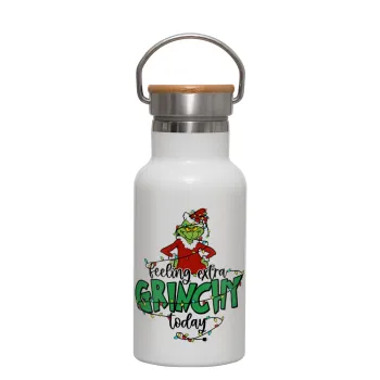 Grinch Feeling Extra Grinchy Today, Μεταλλικό παγούρι θερμός (Stainless steel) Λευκό με ξύλινο καπακι (bamboo), διπλού τοιχώματος, 350ml