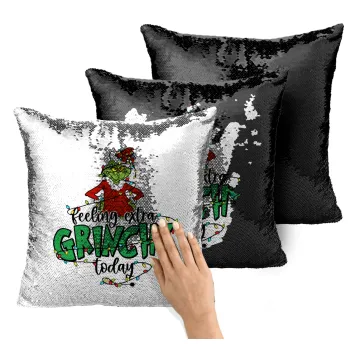 Grinch Feeling Extra Grinchy Today, Μαξιλάρι καναπέ Μαγικό Μαύρο με πούλιες 40x40cm περιέχεται το γέμισμα