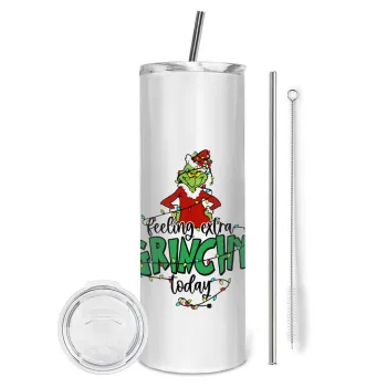 Grinch Feeling Extra Grinchy Today, Tumbler ποτήρι θερμό από ανοξείδωτο ατσάλι 600ml, με μεταλλικό καλαμάκι & βούρτσα καθαρισμού