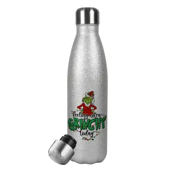 Grinch Feeling Extra Grinchy Today, Metallic Glitter Silver Thermos Flask (Stainless steel), double-walled, 500ml