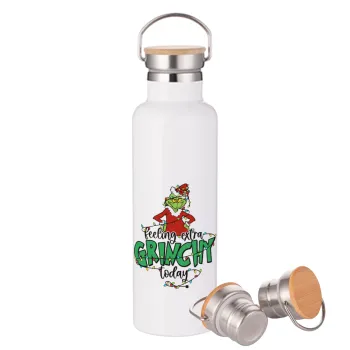 Grinch Feeling Extra Grinchy Today, Stainless steel White with wooden lid (bamboo), double wall, 750ml
