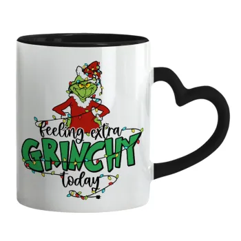 Grinch Feeling Extra Grinchy Today, Κούπα καρδιά χερούλι μαύρη, κεραμική, 330ml
