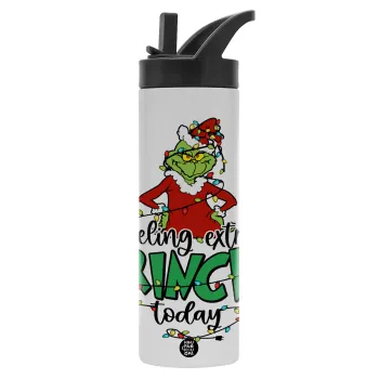 Grinch Feeling Extra Grinchy Today, Metallic thermos bottle with straw & handle, stainless steel (Stainless steel 304), double-walled, 600ml.