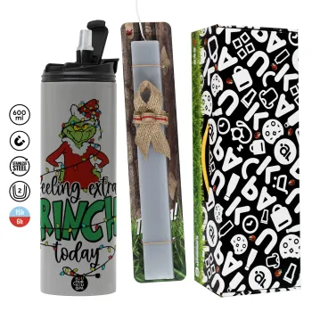 Grinch Feeling Extra Grinchy Today, Πασχαλινή Λαμπάδα με Travel Tumbler θερμό (600ml, BPA free) & κερί αρωματικό πλακέ (30cm) (ΓΚΡΙ)