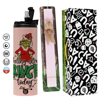Grinch Feeling Extra Grinchy Today, Πασχαλινή Λαμπάδα με  ΡΟΖ Travel Tumbler θερμό (600ml, BPA free) & κερί αρωματικό πλακέ (30cm) (ΡΟΖ)