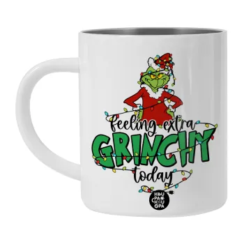 Grinch Feeling Extra Grinchy Today, Λευκή Ανοξείδωτη Μεταλλική Κούπα 450ml - Διπλού Τοιχώματος 