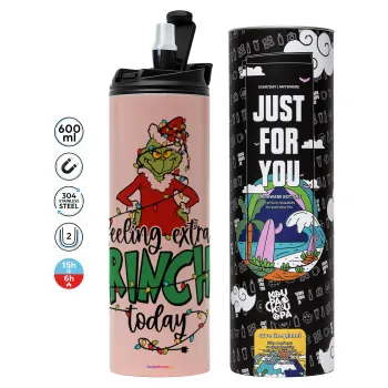 Grinch Feeling Extra Grinchy Today, Tumbler ποτήρι θερμό ΡΟΖ από ανοξείδωτο ατσάλι 600ml