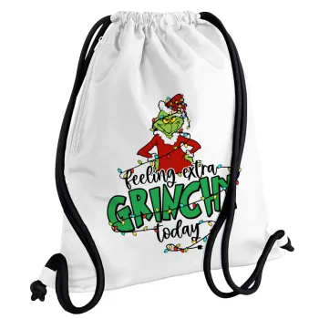 Grinch Feeling Extra Grinchy Today, Backpack pouch GYMBAG white, with pocket (40x48cm) & thick cords