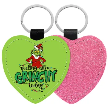 Grinch Feeling Extra Grinchy Today, Μπρελόκ PU δερμάτινο glitter καρδιά ΡΟΖ