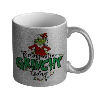 Grinch Feeling Extra Grinchy Today, Κούπα Ασημένια Glitter που γυαλίζει, κεραμική, 330ml