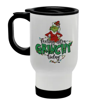 Grinch Feeling Extra Grinchy Today, Κούπα ταξιδιού ανοξείδωτη με καπάκι, διπλού τοιχώματος (θερμό) λευκή 450ml