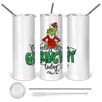 Grinch Feeling Extra Grinchy Today, Tumbler ποτήρι θερμό από ανοξείδωτο ατσάλι 600ml, με μεταλλικό καλαμάκι & βούρτσα καθαρισμού