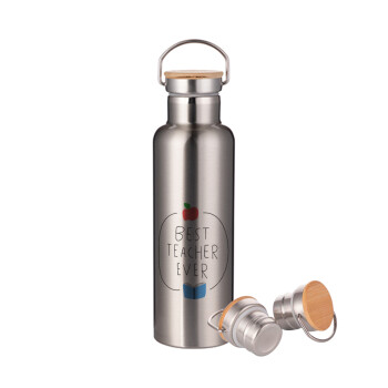 Best teacher ever, Stainless steel Silver with wooden lid (bamboo), double wall, 750ml